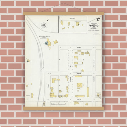 Old map wall art mockup — magnetic wood frame on brick wall — Sanborn Fire Insurance Map from Menomonie, Dunn County, Wisconsin (1902), Sheet #0017