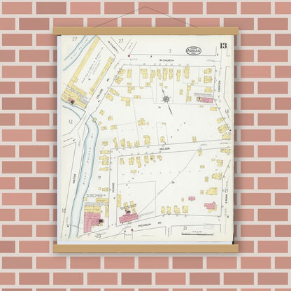 Old map wall art mockup — magnetic wood frame on brick wall — Sanborn Fire Insurance Map from Adrian, Lenawee County, Michigan (1916), Sheet #0013