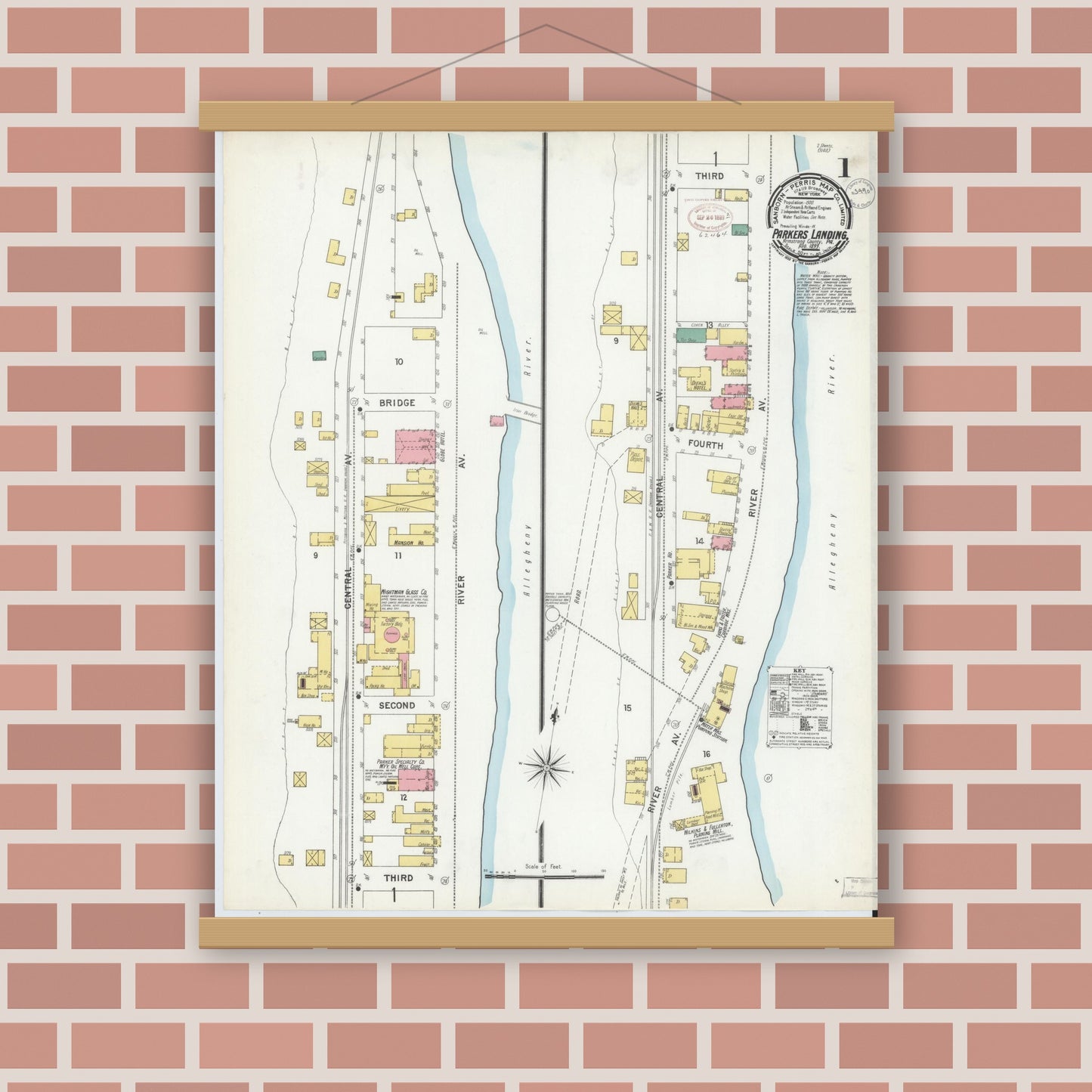 Old map wall art mockup — magnetic wood frame on brick wall — Sanborn Fire Insurance Map from Parkers Landing, Armstrong County, Pennsylvania (1899), Sheet #0001