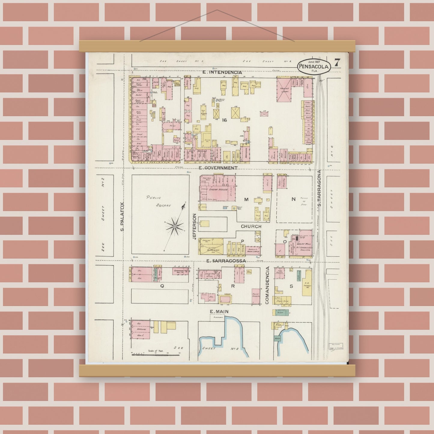 Old map wall art mockup — magnetic wood frame on brick wall — Sanborn Fire Insurance Map from Pensacola, Escambia County, Florida (1887), Sheet #0007
