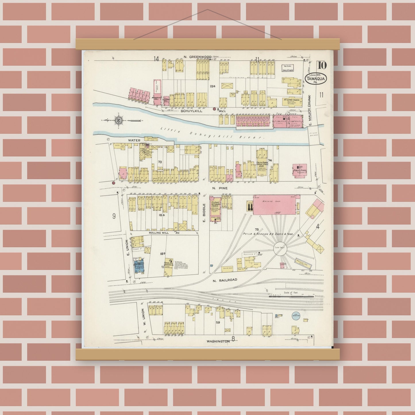 Old map wall art mockup — magnetic wood frame on brick wall — Sanborn Fire Insurance Map from Tamaqua, Schuylkill County, Pennsylvania (1915), Sheet #0010