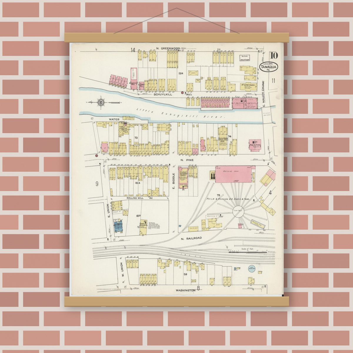 Old map wall art mockup — magnetic wood frame on brick wall — Sanborn Fire Insurance Map from Tamaqua, Schuylkill County, Pennsylvania (1915), Sheet #0010