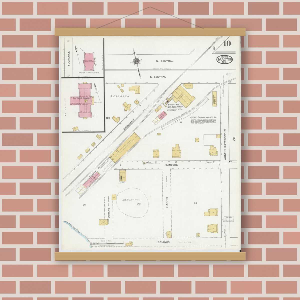 Old map wall art mockup — magnetic wood frame on brick wall — Sanborn Fire Insurance Map from Maxton, Robeson County, North Carolina (1919), Sheet #0010