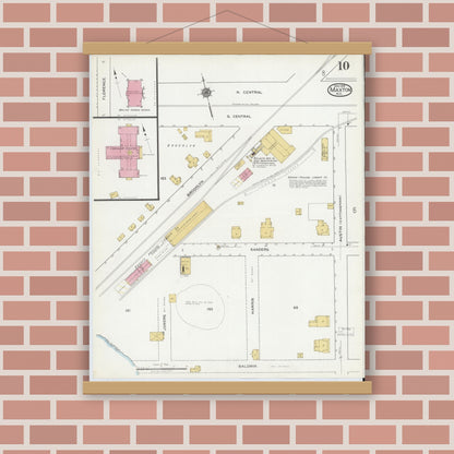 Old map wall art mockup — magnetic wood frame on brick wall — Sanborn Fire Insurance Map from Maxton, Robeson County, North Carolina (1919), Sheet #0010