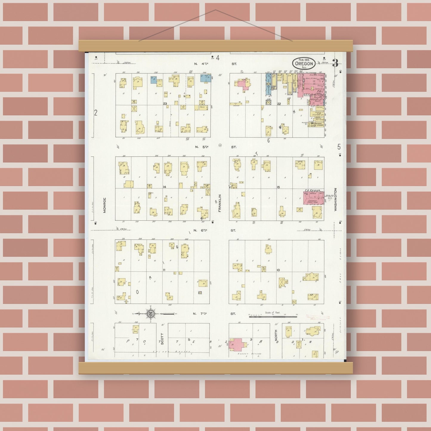Old map wall art mockup — magnetic wood frame on brick wall — Sanborn Fire Insurance Map from Oregon, Ogle County, Illinois (1913), Sheet #0003