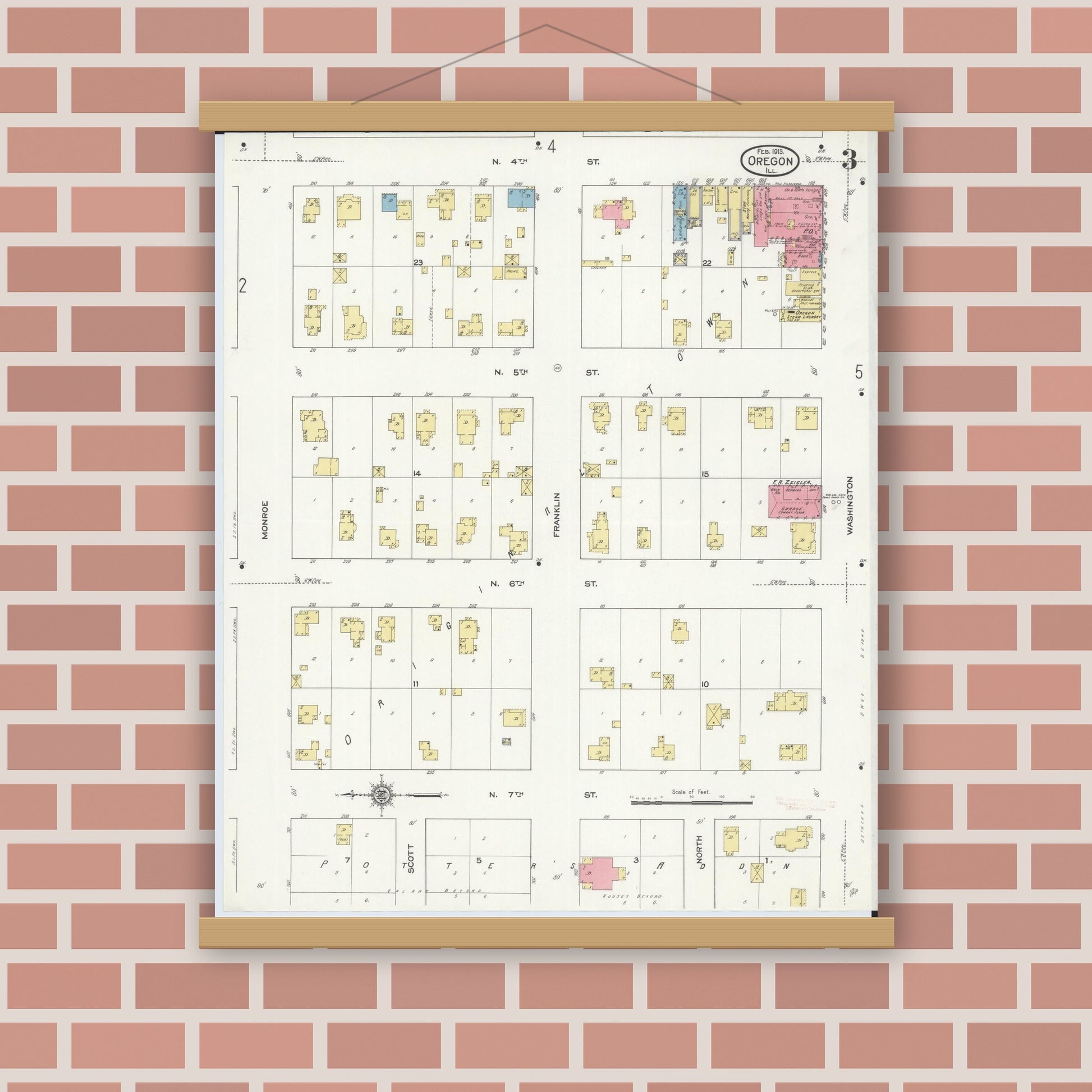 Old map wall art mockup — magnetic wood frame on brick wall — Sanborn Fire Insurance Map from Oregon, Ogle County, Illinois (1913), Sheet #0003