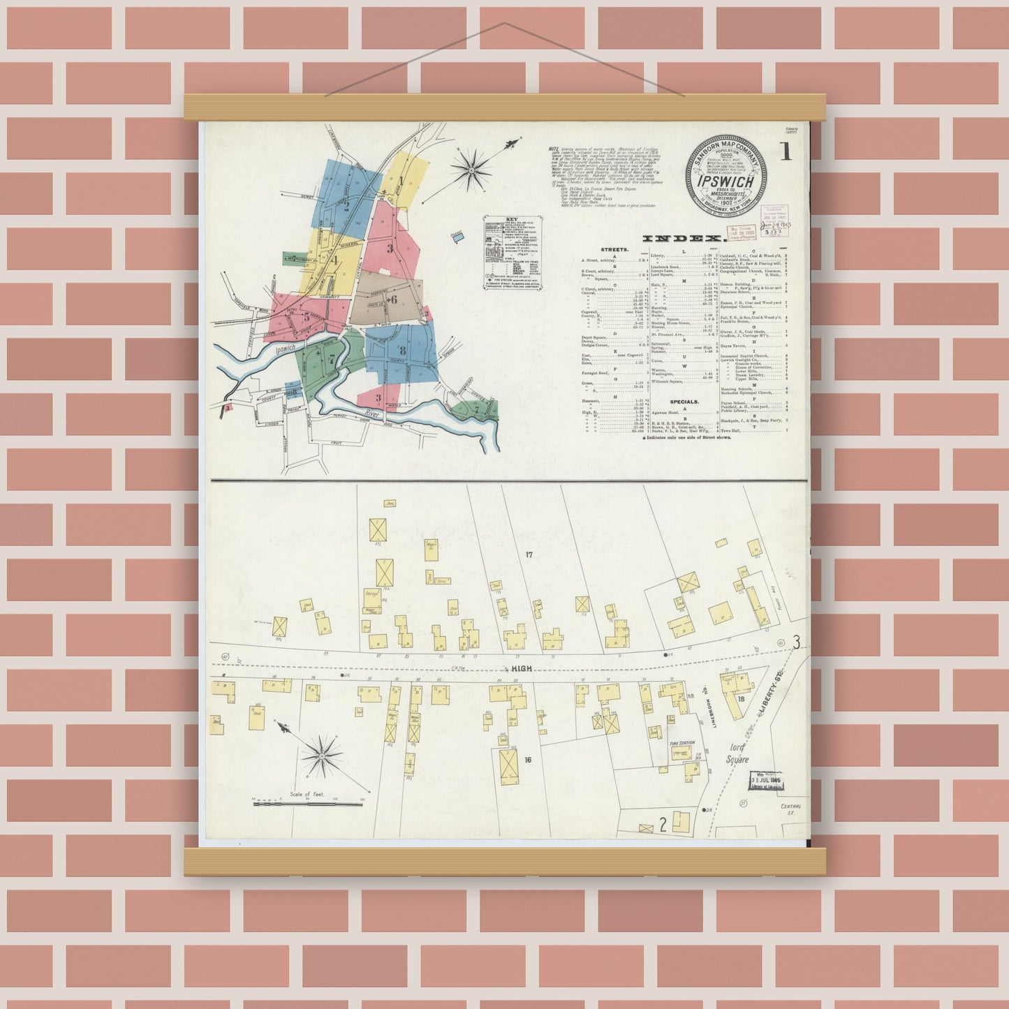 Old map wall art mockup — magnetic wood frame on brick wall — Sanborn Fire Insurance Map from Ipswich, Essex County, Massachusetts (1902) - Complete Map Set