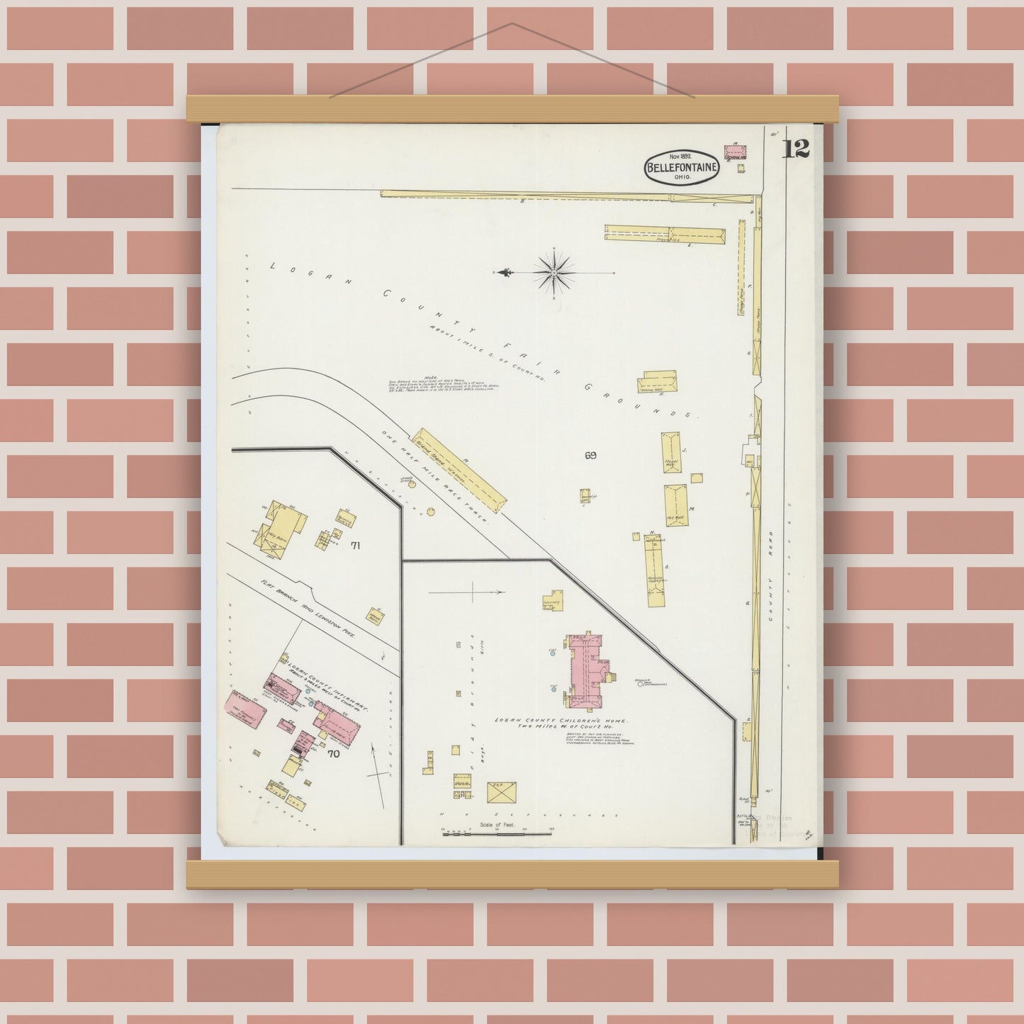 Old map wall art mockup — magnetic wood frame on brick wall — Sanborn Fire Insurance Map from Bellefontaine, Logan County, Ohio (1892), Sheet #0012
