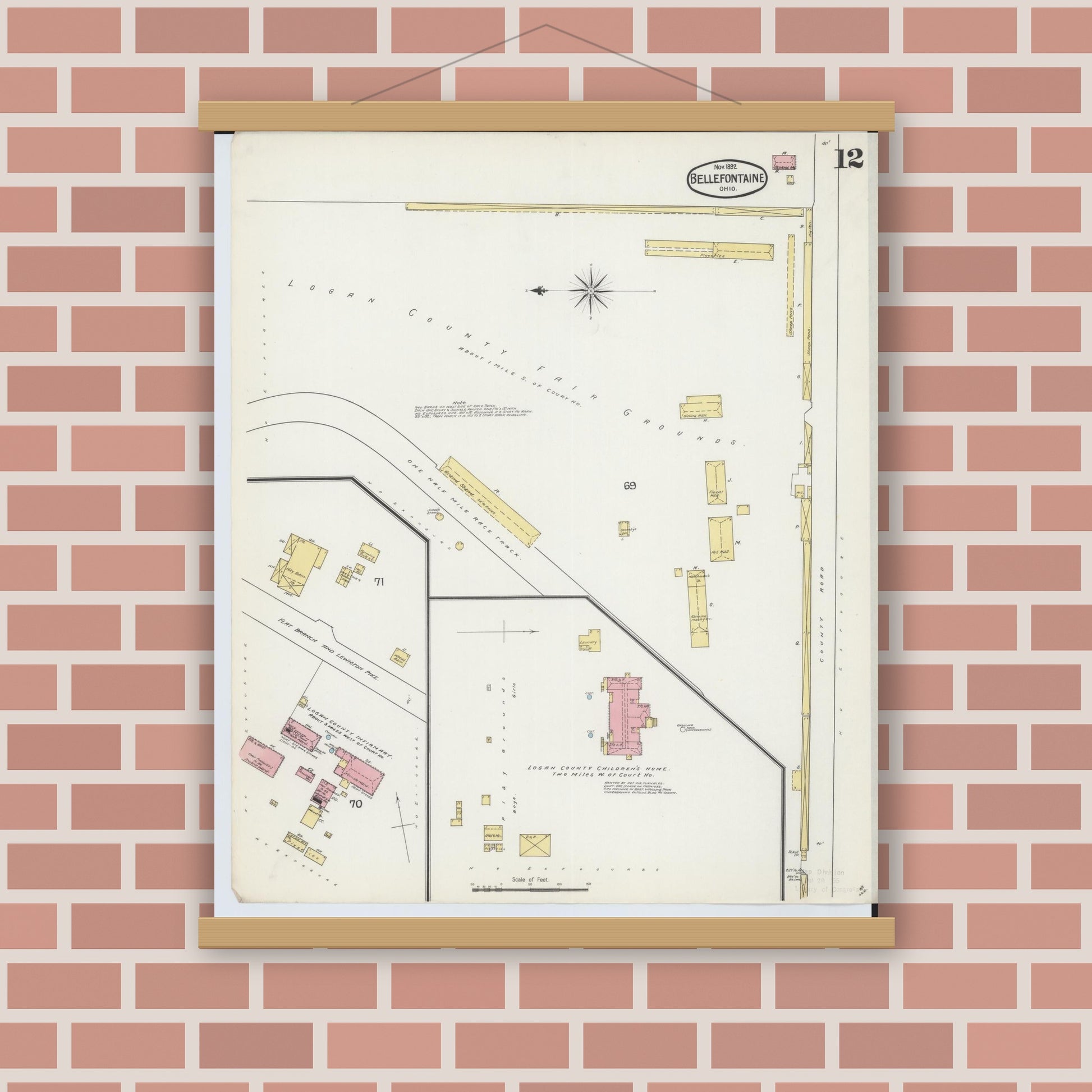 Old map wall art mockup — magnetic wood frame on brick wall — Sanborn Fire Insurance Map from Bellefontaine, Logan County, Ohio (1892), Sheet #0012