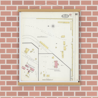 Old map wall art mockup — magnetic wood frame on brick wall — Sanborn Fire Insurance Map from Bellefontaine, Logan County, Ohio (1892), Sheet #0012