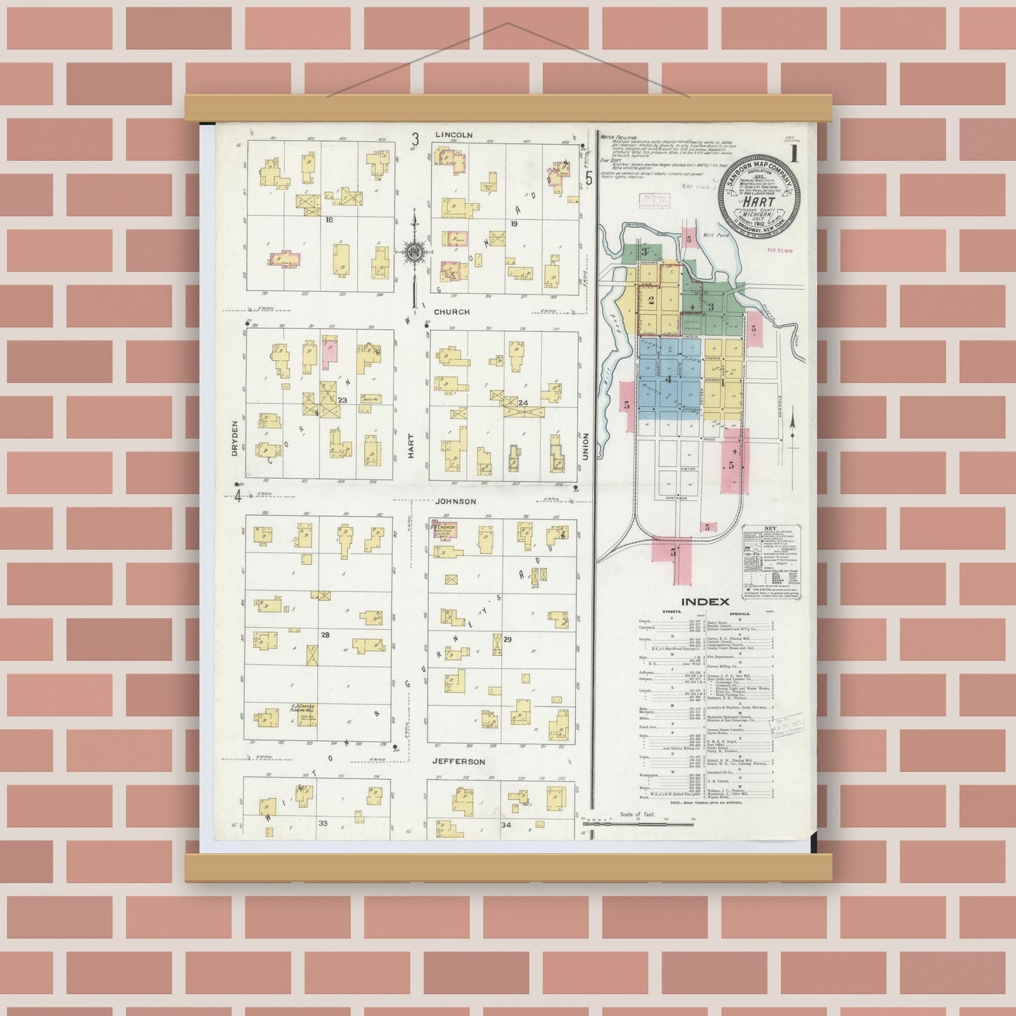 Old map wall art mockup — magnetic wood frame on brick wall — Sanborn Fire Insurance Map from Hart, Oceana County, Michigan (1910), Sheet #0001