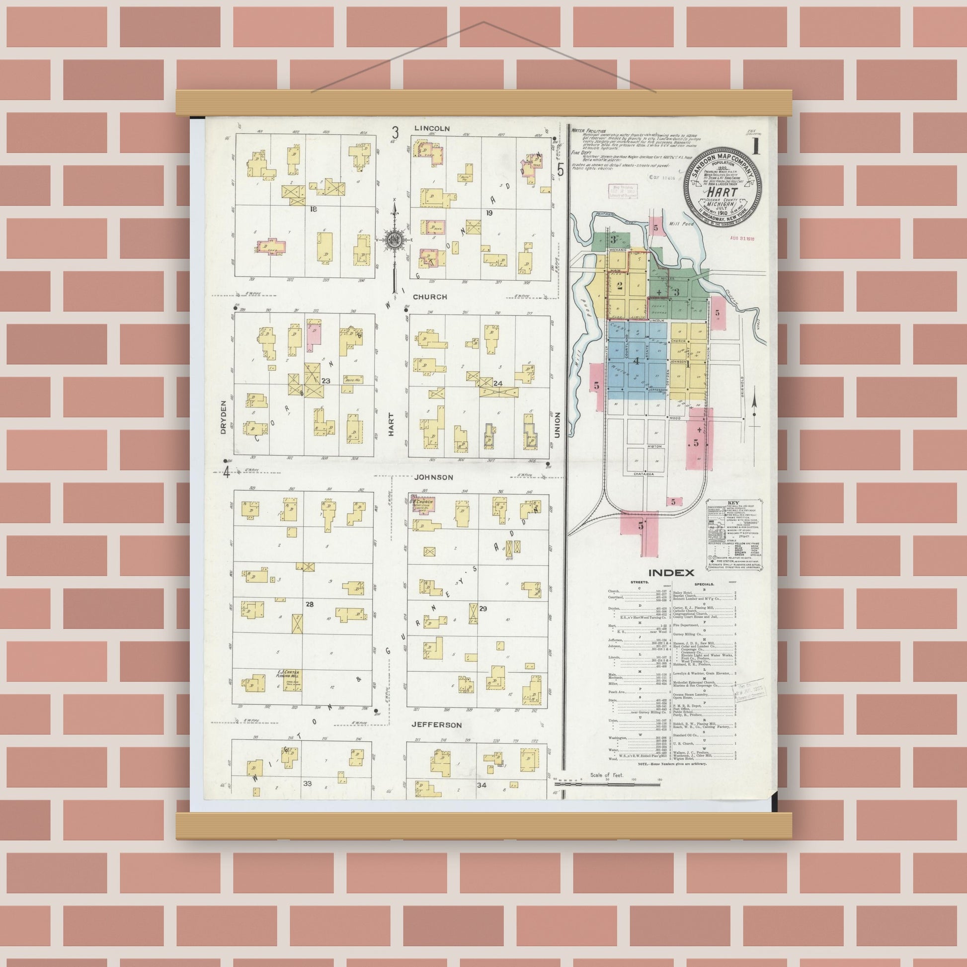 Old map wall art mockup — magnetic wood frame on brick wall — Sanborn Fire Insurance Map from Hart, Oceana County, Michigan (1910), Sheet #0001