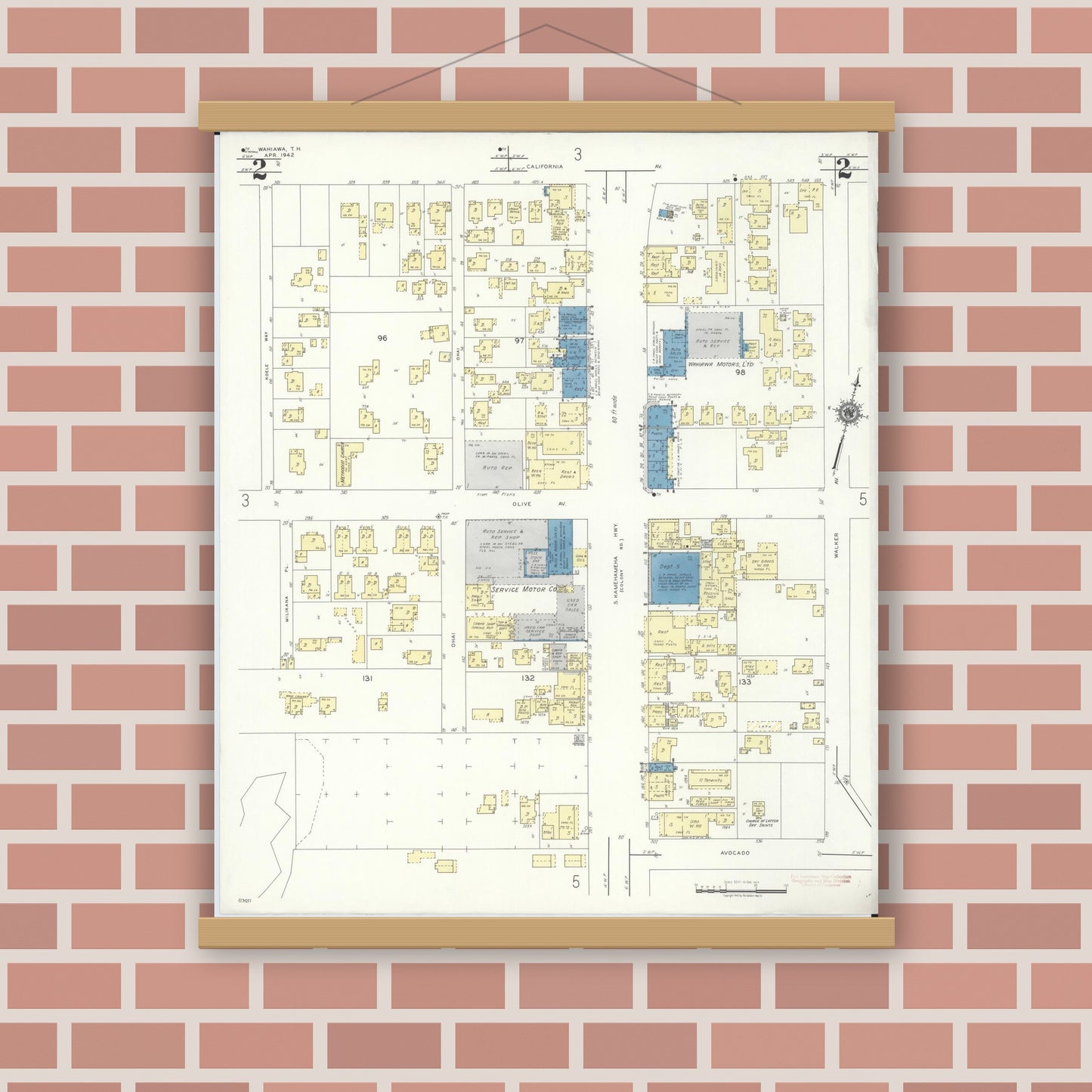 Old map wall art mockup — magnetic wood frame on brick wall — Sanborn Fire Insurance Map from Wahiawa, Honolulu County, Hawaii (1942), Sheet #0002