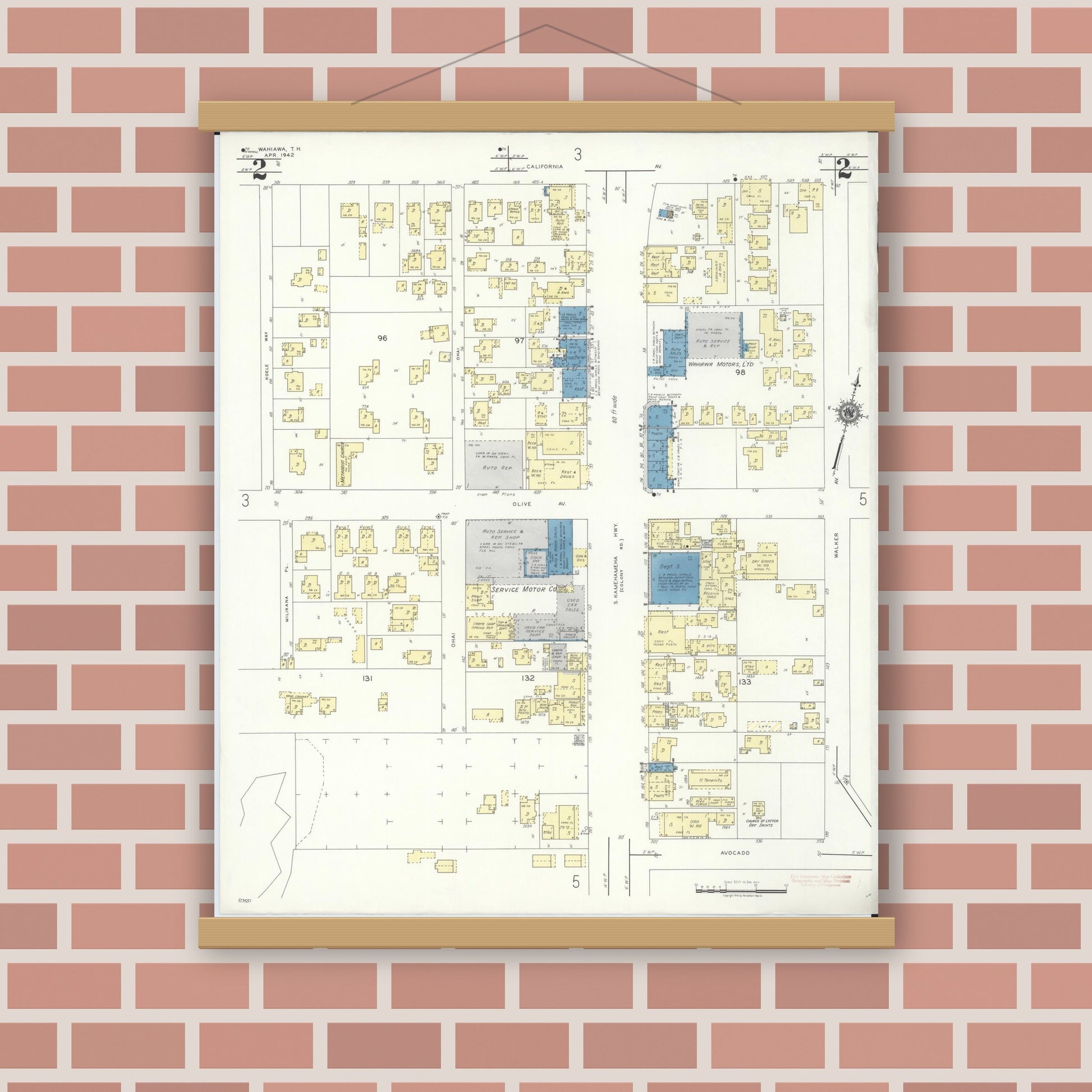 Old map wall art mockup — magnetic wood frame on brick wall — Sanborn Fire Insurance Map from Wahiawa, Honolulu County, Hawaii (1942), Sheet #0002