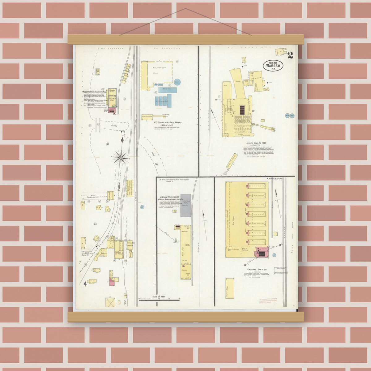 Old map wall art mockup — magnetic wood frame on brick wall — Sanborn Fire Insurance Map from Warsaw, Wyoming County, New York (1903), Sheet #0002