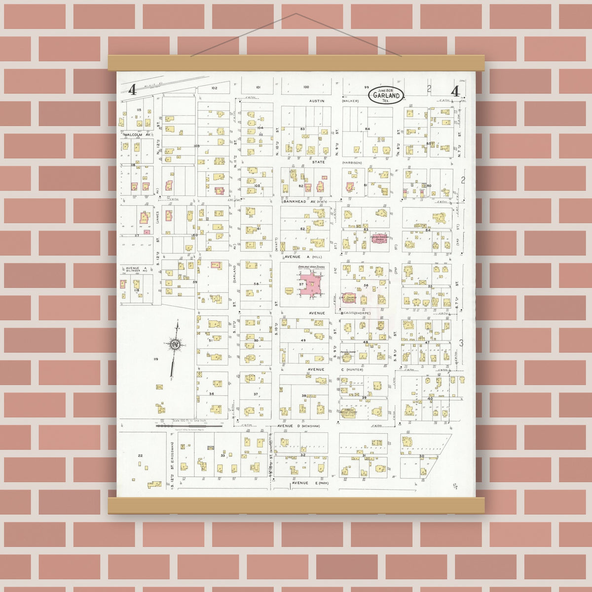 Old map wall art mockup — magnetic wood frame on brick wall — Sanborn Fire Insurance Map from Garland, Dallas County, Texas (1928), Sheet #0004