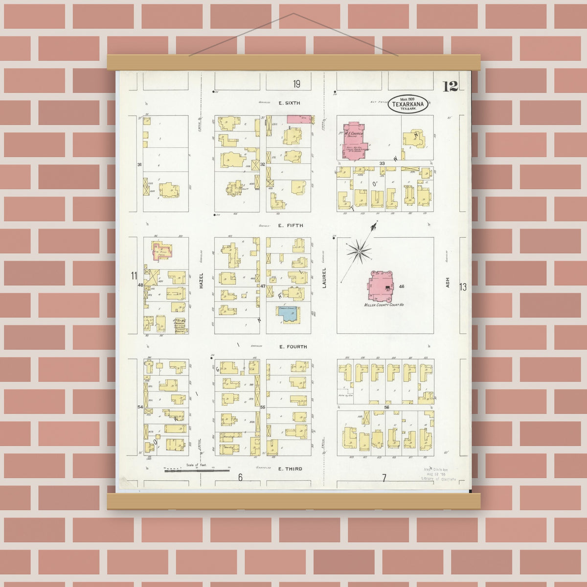 Old map wall art mockup — magnetic wood frame on brick wall — Sanborn Fire Insurance Map from Texarkana, Bowie County, Texas (1909), Sheet #0012