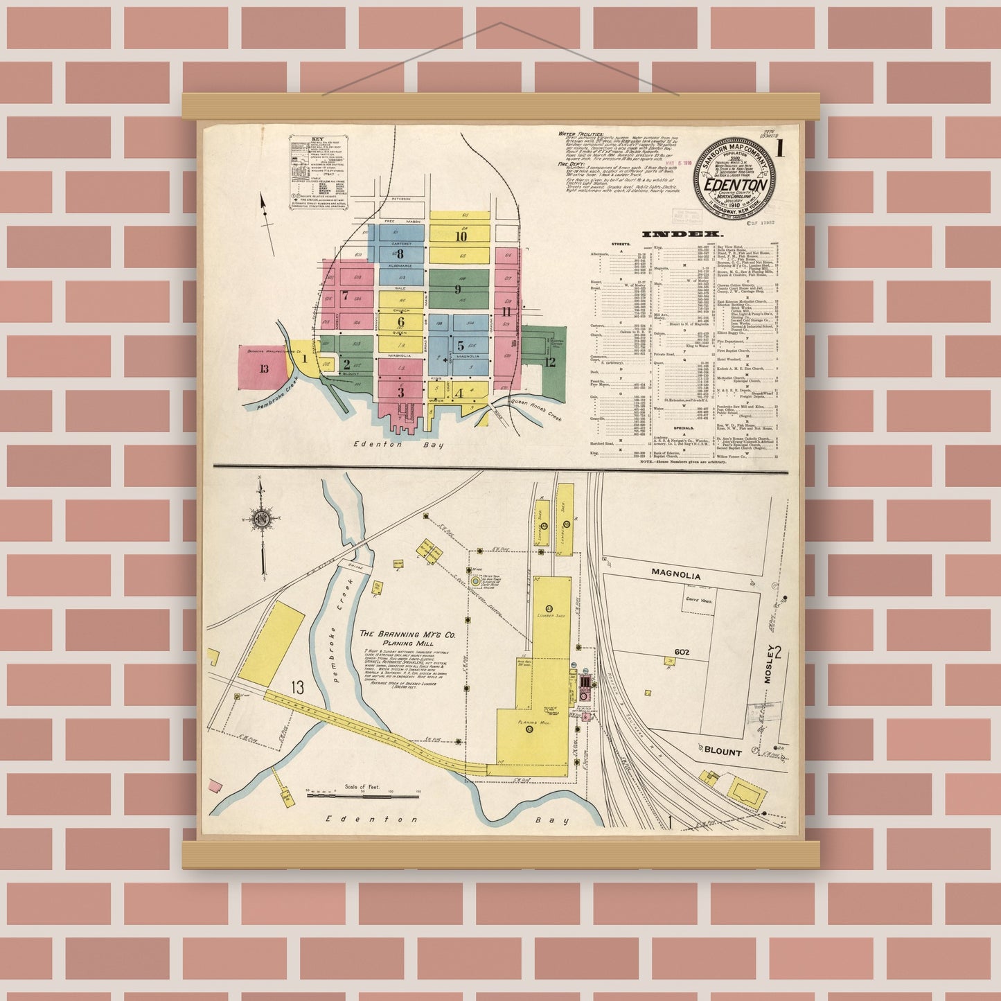 Old map wall art mockup — magnetic wood frame on brick wall — Sanborn Fire Insurance Map from Edenton, Chowan County, North Carolina (1910), Sheet #0001