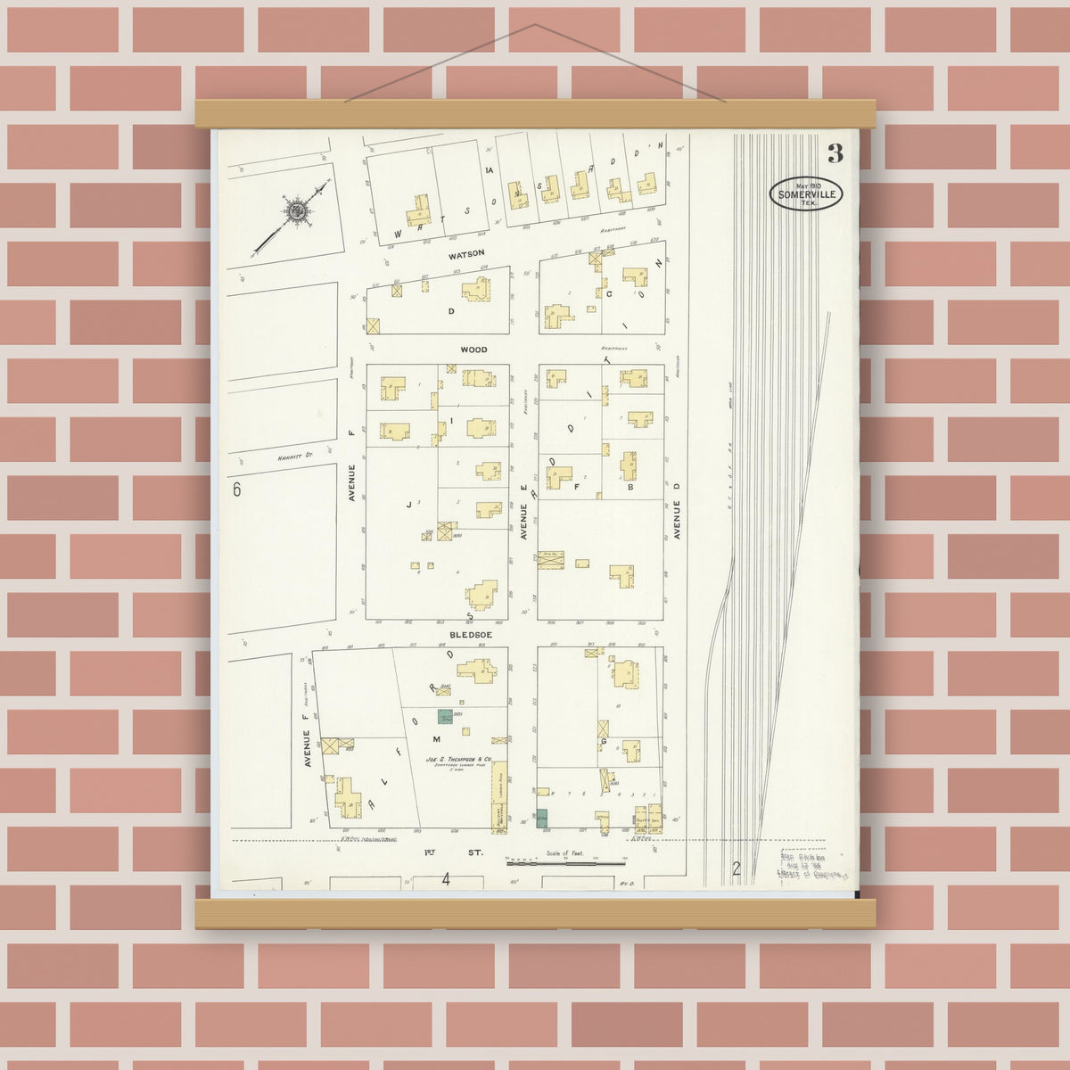 Old map wall art mockup — magnetic wood frame on brick wall — Sanborn Fire Insurance Map from Somerville, Burleson County, Texas (1910), Sheet #0003