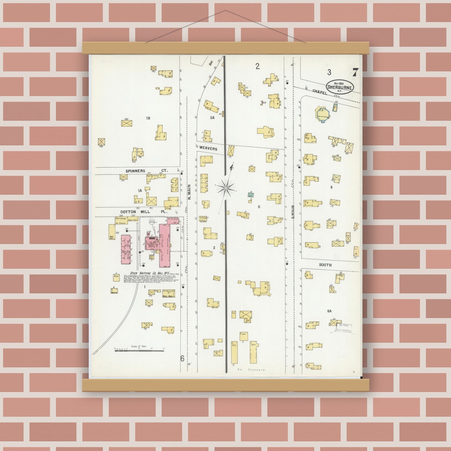 Old map wall art mockup — magnetic wood frame on brick wall — Sanborn Fire Insurance Map from Sherburne, Chenango County, New York (1900), Sheet #0007