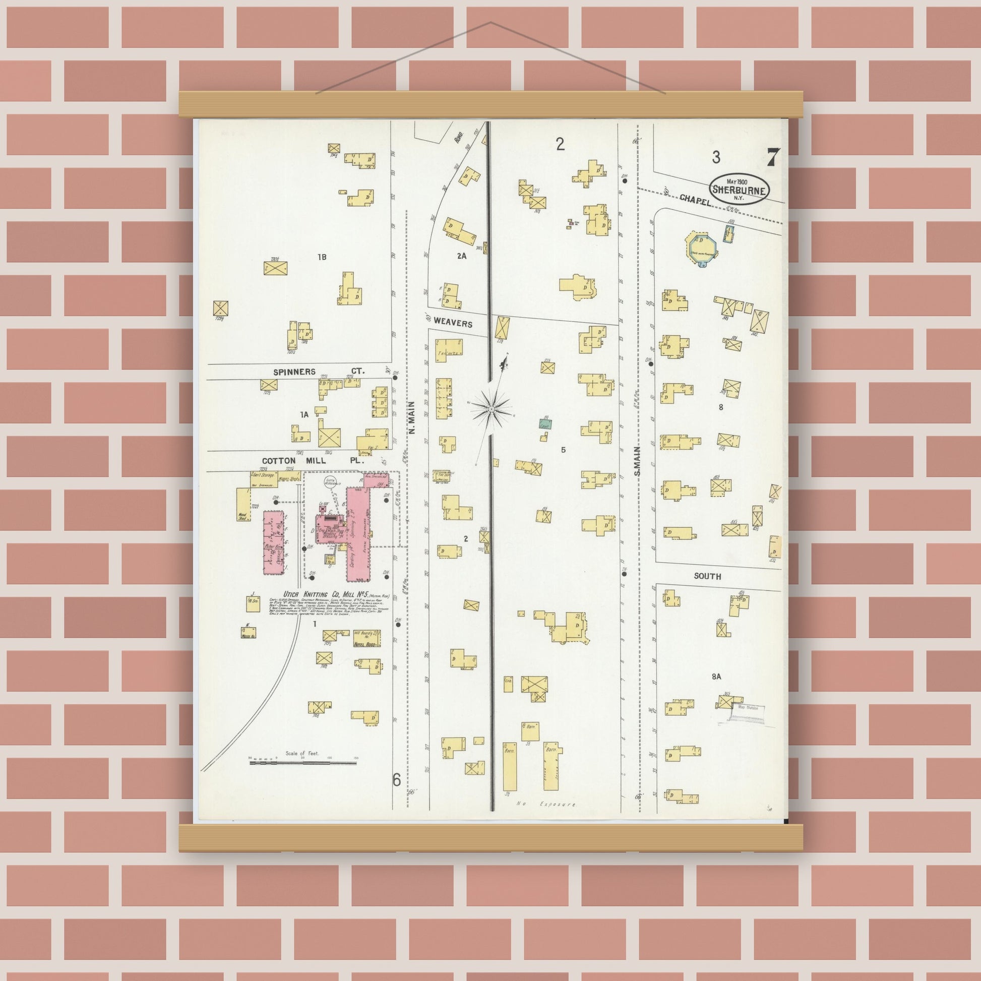 Old map wall art mockup — magnetic wood frame on brick wall — Sanborn Fire Insurance Map from Sherburne, Chenango County, New York (1900), Sheet #0007
