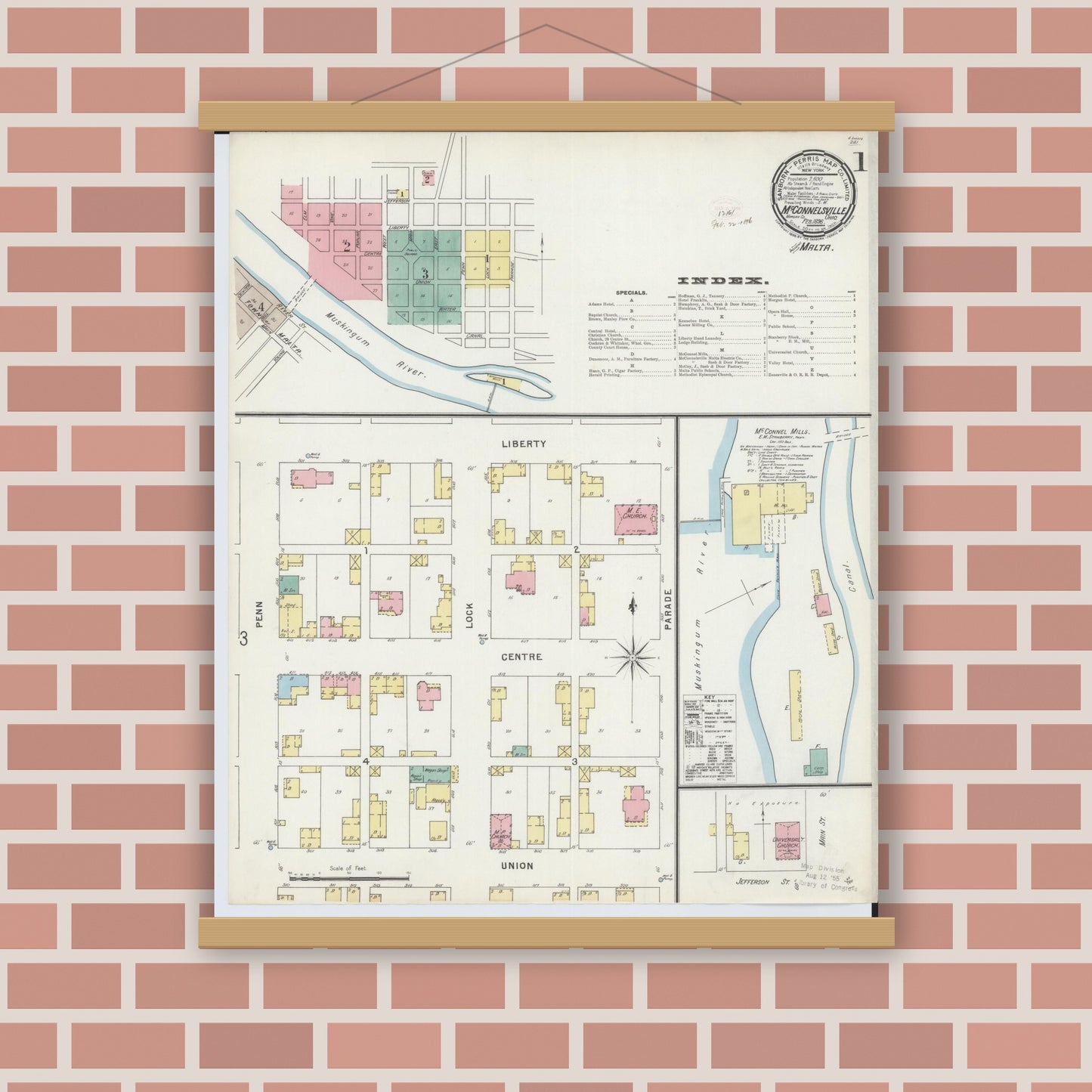 Old map wall art mockup — magnetic wood frame on brick wall — Sanborn Fire Insurance Map from McConnelsville, Morgan County, Ohio (1896) - Complete Map Set