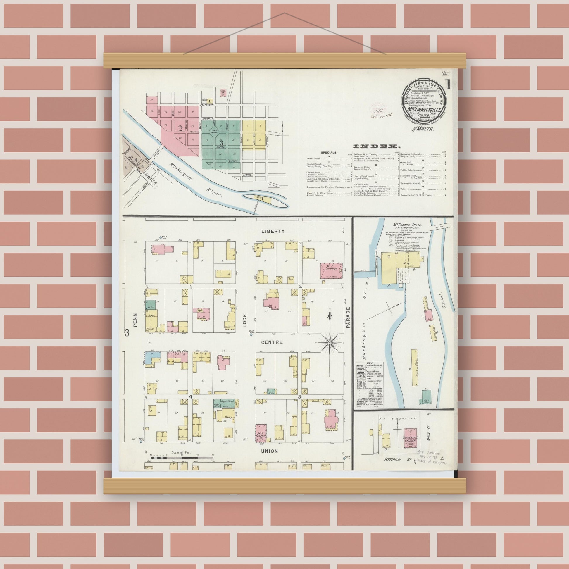 Old map wall art mockup — magnetic wood frame on brick wall — Sanborn Fire Insurance Map from McConnelsville, Morgan County, Ohio (1896) - Complete Map Set
