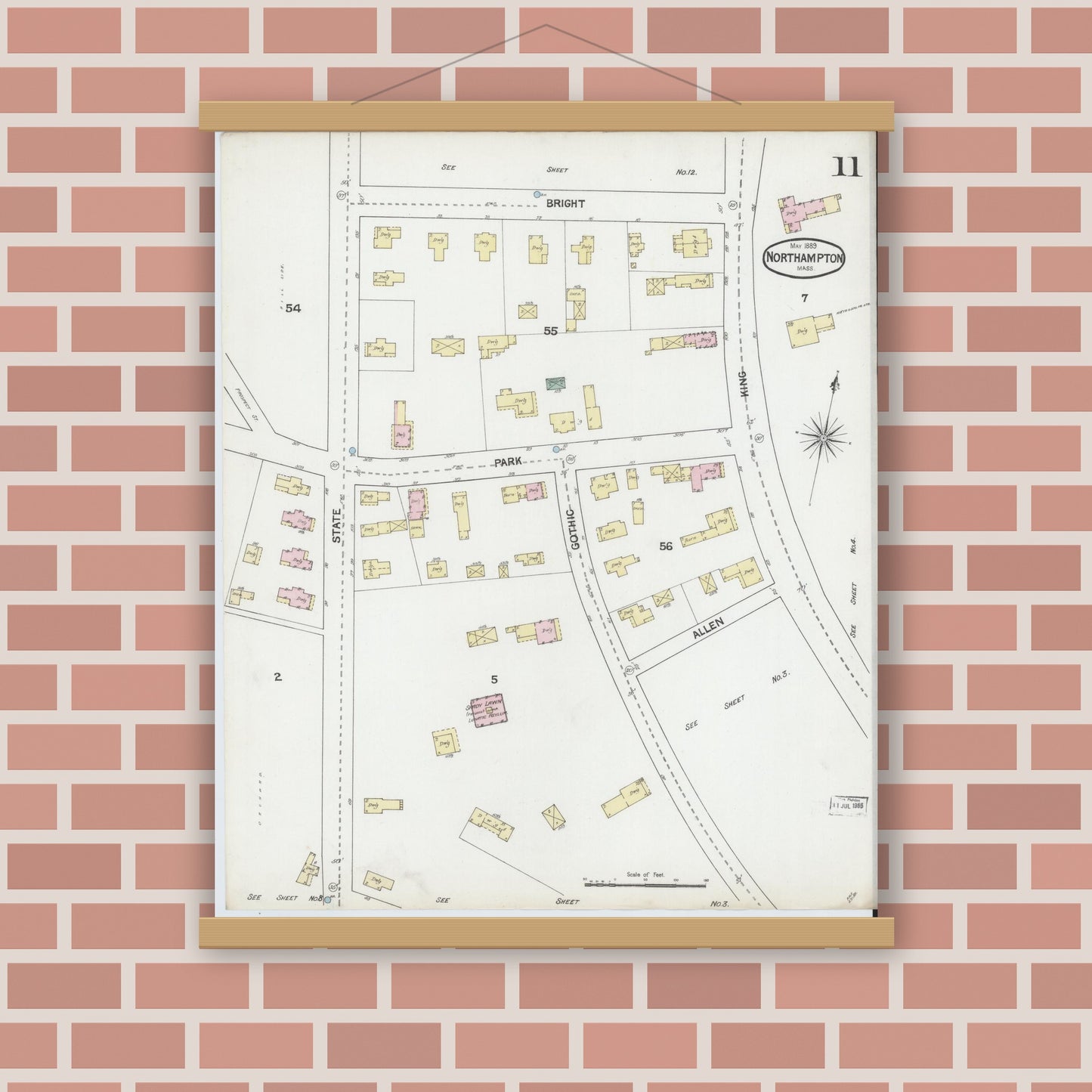 Old map wall art mockup — magnetic wood frame on brick wall — Sanborn Fire Insurance Map from Northampton, Hampshire County, Massachusetts (1889), Sheet #0011