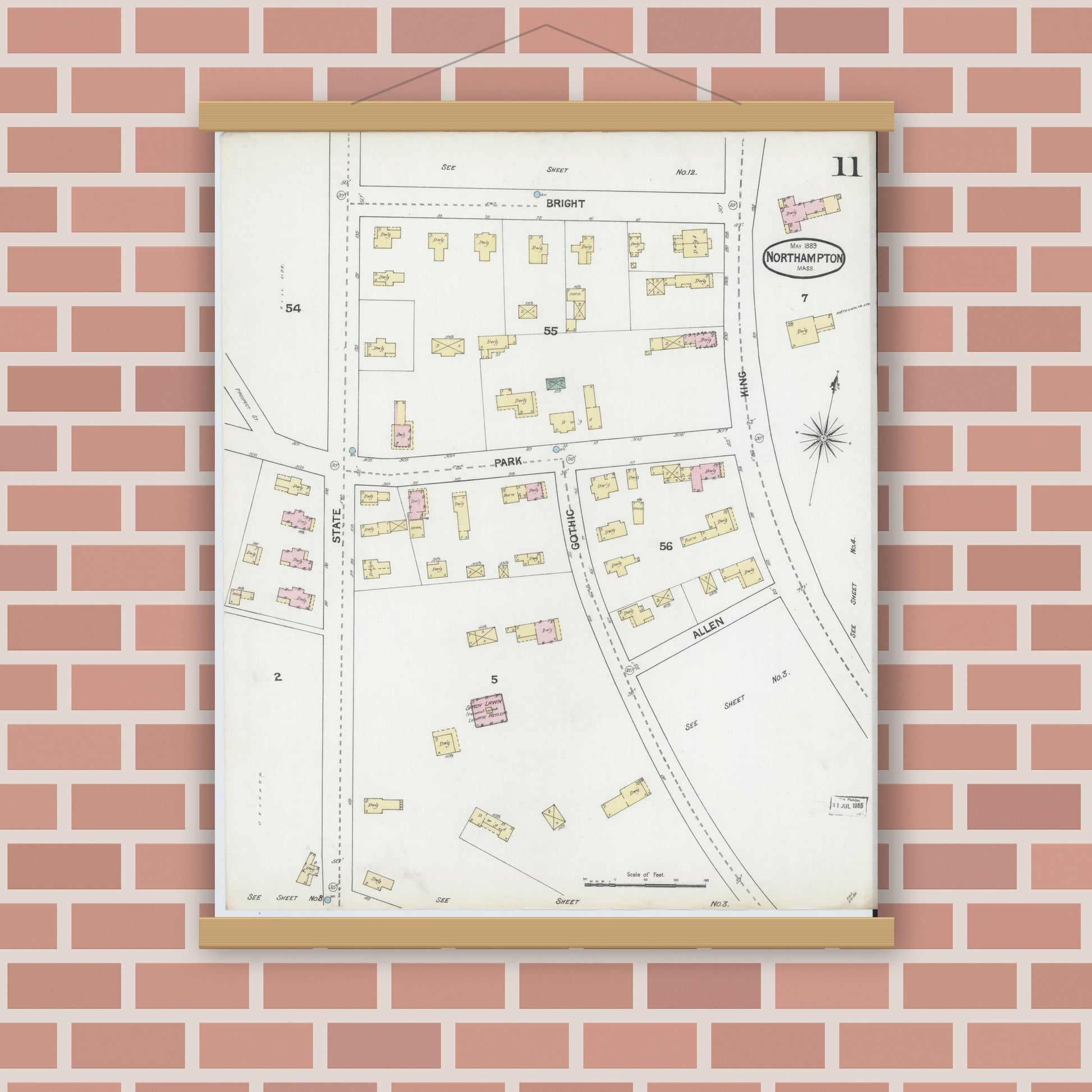 Old map wall art mockup — magnetic wood frame on brick wall — Sanborn Fire Insurance Map from Northampton, Hampshire County, Massachusetts (1889), Sheet #0011