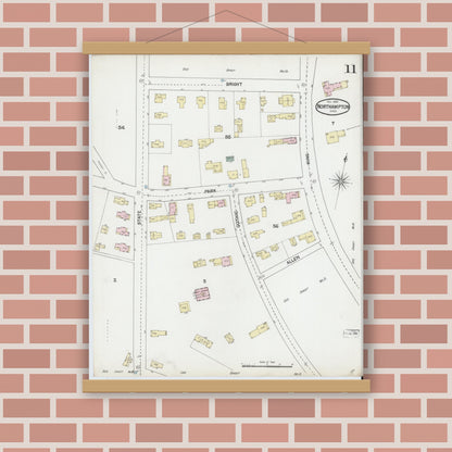 Old map wall art mockup — magnetic wood frame on brick wall — Sanborn Fire Insurance Map from Northampton, Hampshire County, Massachusetts (1889), Sheet #0011