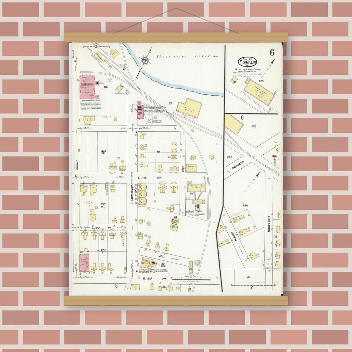 Old map wall art mockup — magnetic wood frame on brick wall — Sanborn Fire Insurance Map from Franklin, Independent Cities, Virginia (1917), Sheet #0006
