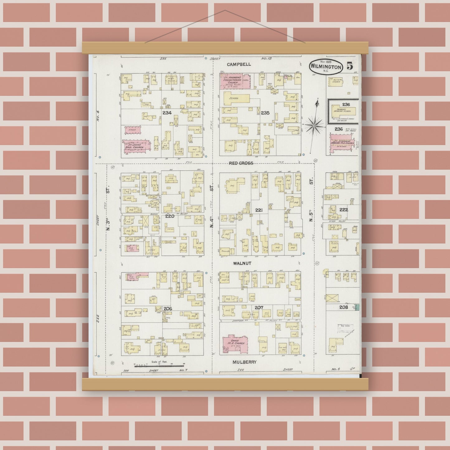 Old map wall art mockup — magnetic wood frame on brick wall — Sanborn Fire Insurance Map from Wilmington, New Hanover County, North Carolina (1889), Sheet #0005