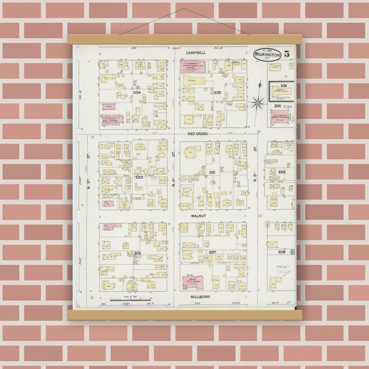 Old map wall art mockup — magnetic wood frame on brick wall — Sanborn Fire Insurance Map from Wilmington, New Hanover County, North Carolina (1889), Sheet #0005