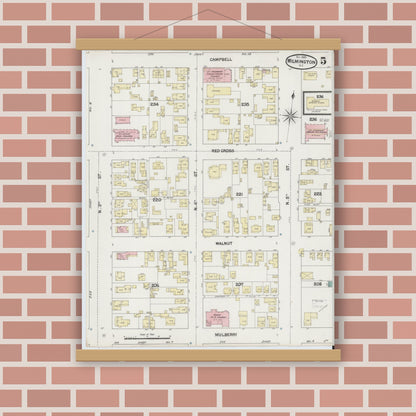 Old map wall art mockup — magnetic wood frame on brick wall — Sanborn Fire Insurance Map from Wilmington, New Hanover County, North Carolina (1889), Sheet #0005