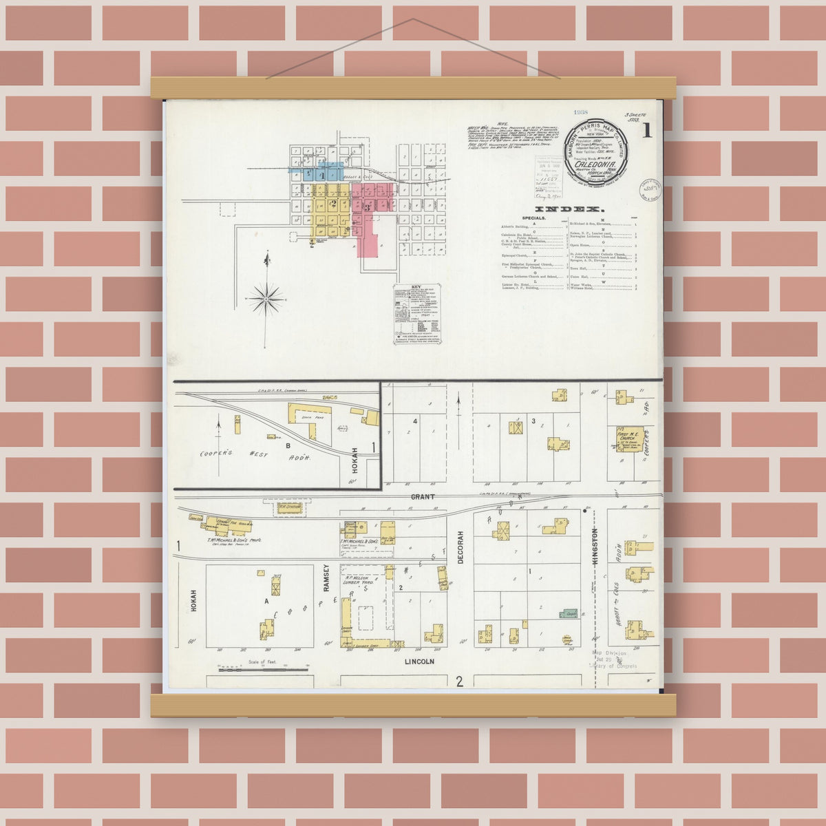 Old map wall art mockup — magnetic wood frame on brick wall — Sanborn Fire Insurance Map from Caledonia, Houston County, Minnesota (1900) - Complete Map Set