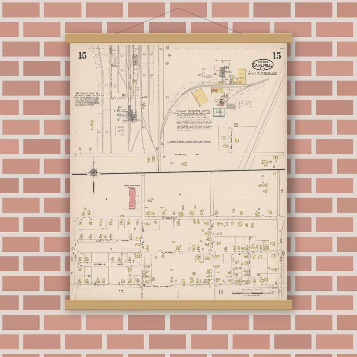 Old map wall art mockup — magnetic wood frame on brick wall — Sanborn Fire Insurance Map from Gainesville, Alachua County, Florida (1922), Sheet #0015