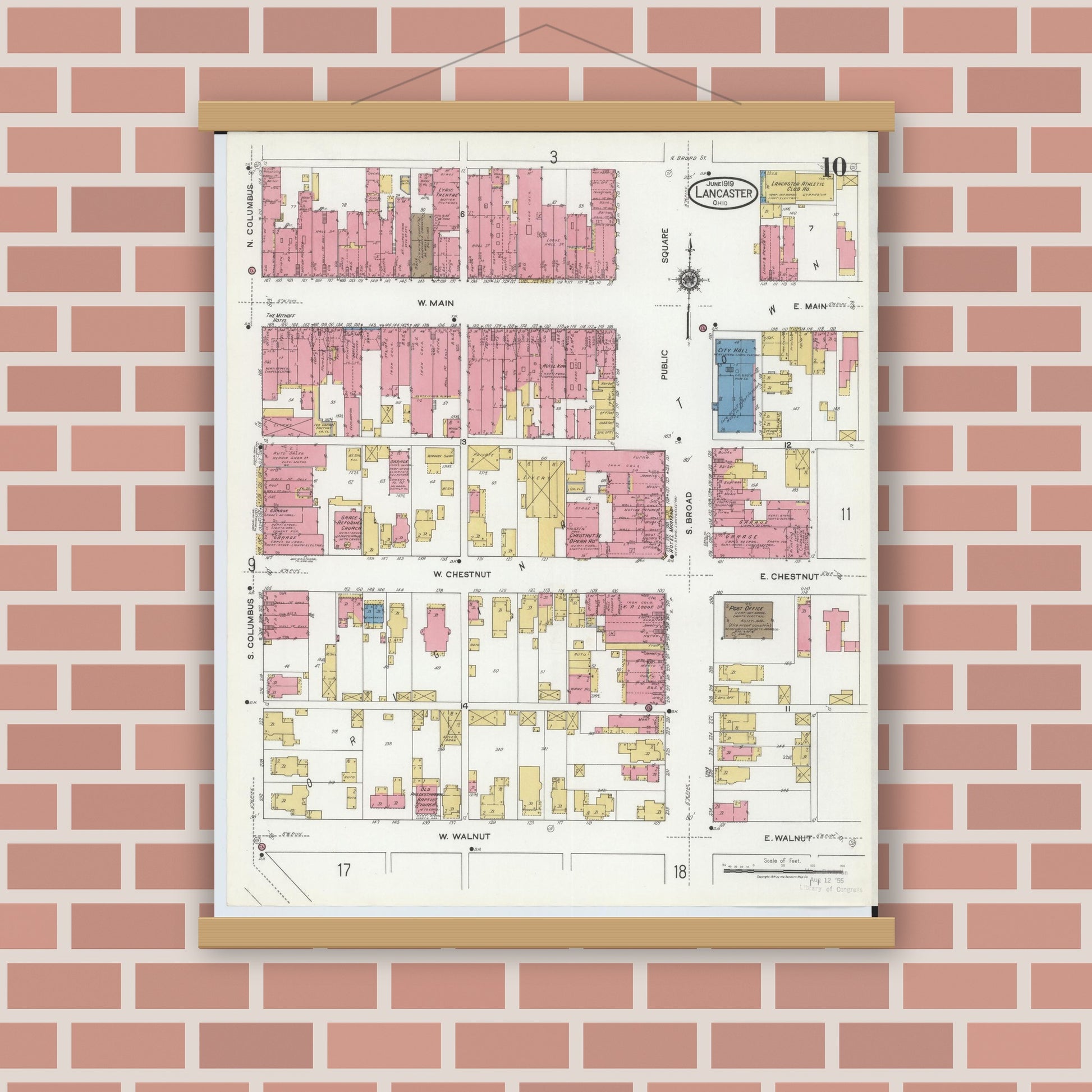 Old map wall art mockup — magnetic wood frame on brick wall — Sanborn Fire Insurance Map from Lancaster, Fairfield County, Ohio (1919), Sheet #0010