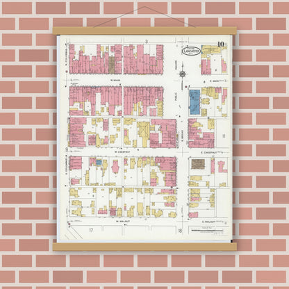 Old map wall art mockup — magnetic wood frame on brick wall — Sanborn Fire Insurance Map from Lancaster, Fairfield County, Ohio (1919), Sheet #0010