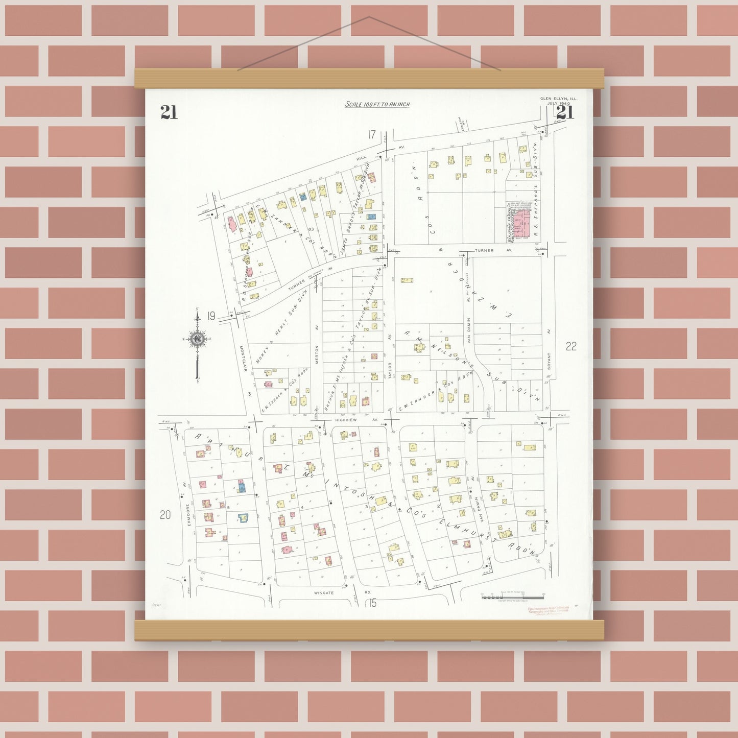 Old map wall art mockup — magnetic wood frame on brick wall — Sanborn Fire Insurance Map from Glen Ellyn, Du Page County, Illinois (1940), Sheet #0021