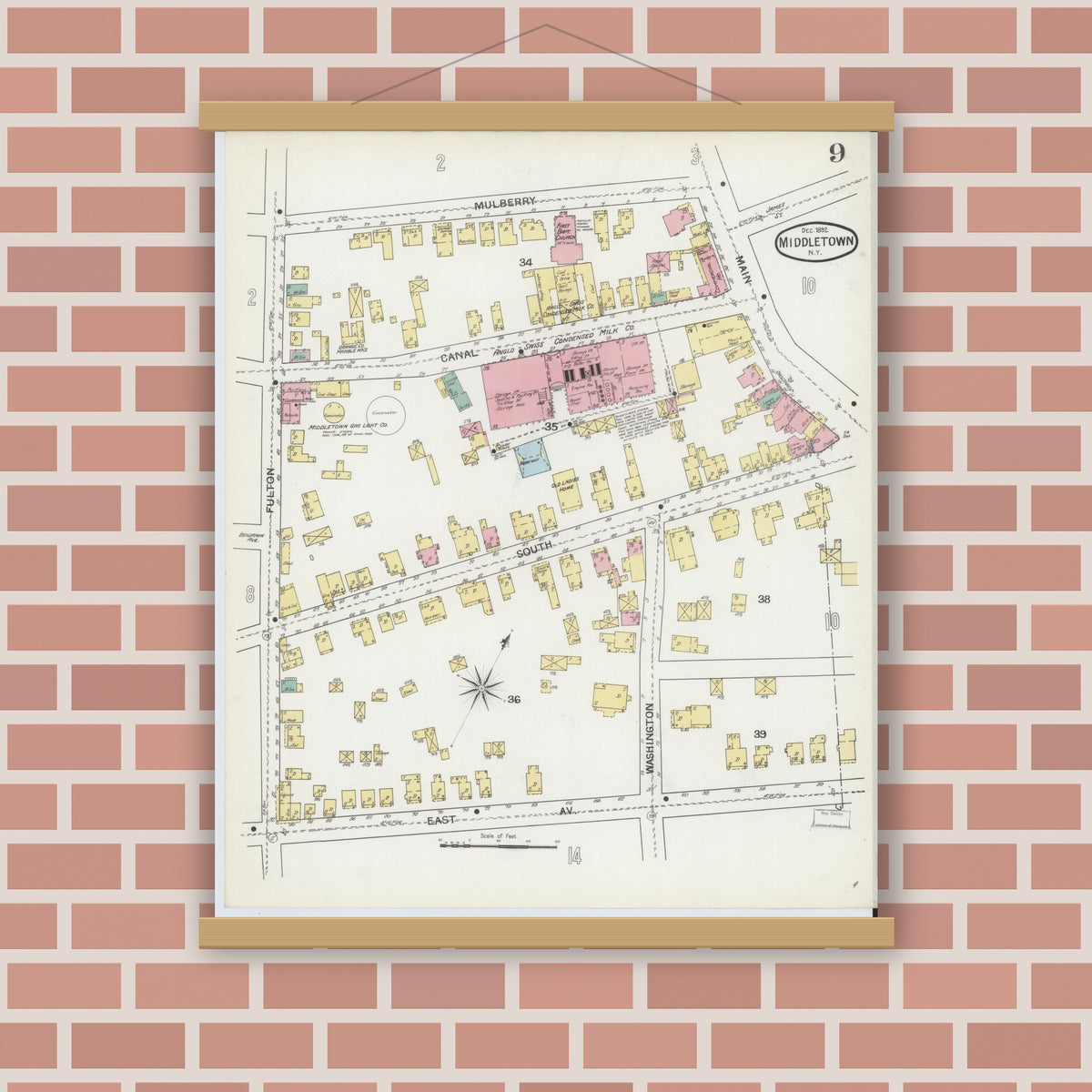Old map wall art mockup — magnetic wood frame on brick wall — Sanborn Fire Insurance Map from Middletown, Orange County, New York (1892), Sheet #0009