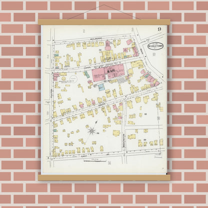 Old map wall art mockup — magnetic wood frame on brick wall — Sanborn Fire Insurance Map from Middletown, Orange County, New York (1892), Sheet #0009