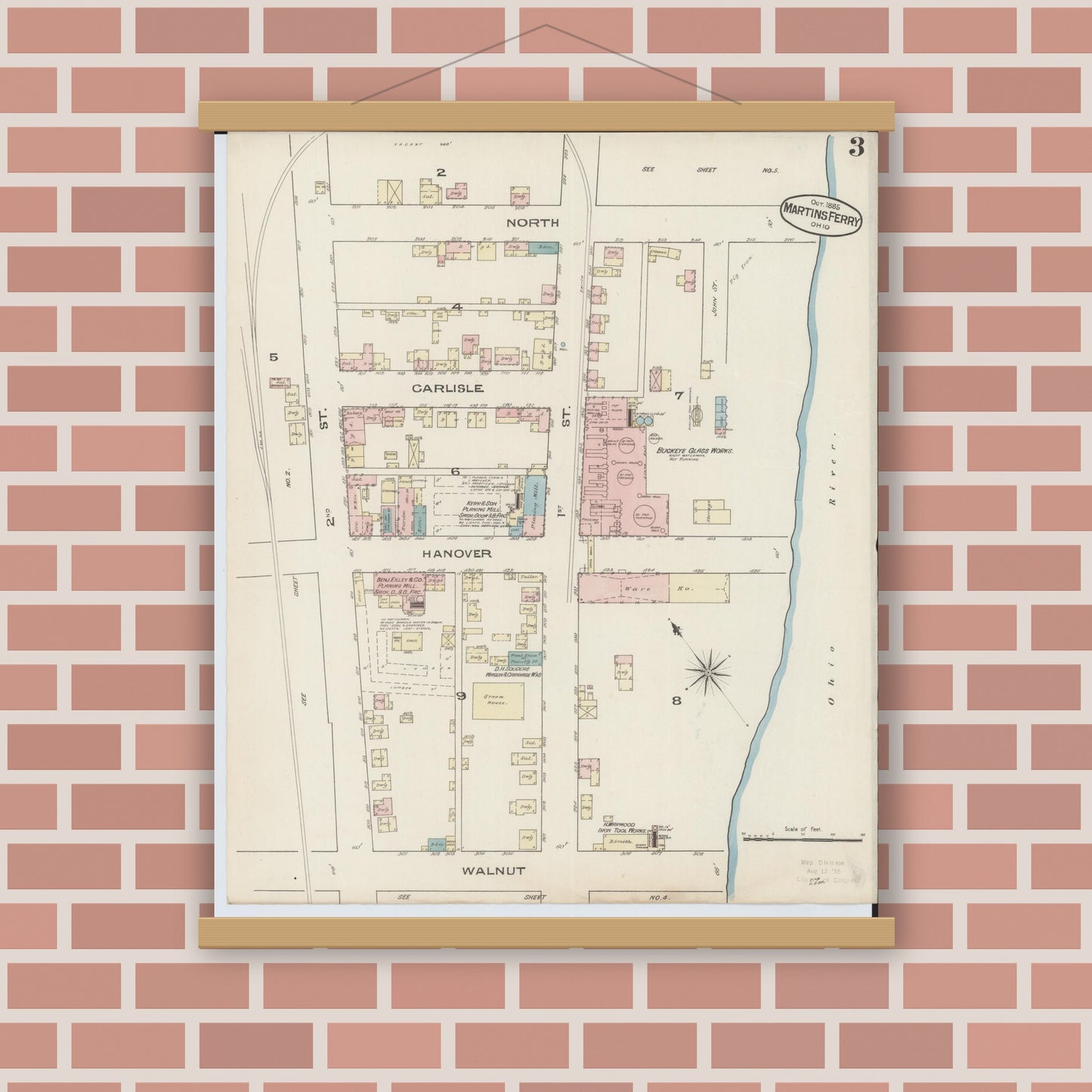 Old map wall art mockup — magnetic wood frame on brick wall — Sanborn Fire Insurance Map from Martins Ferry, Belmont County, Ohio (Unknown), Sheet #0003