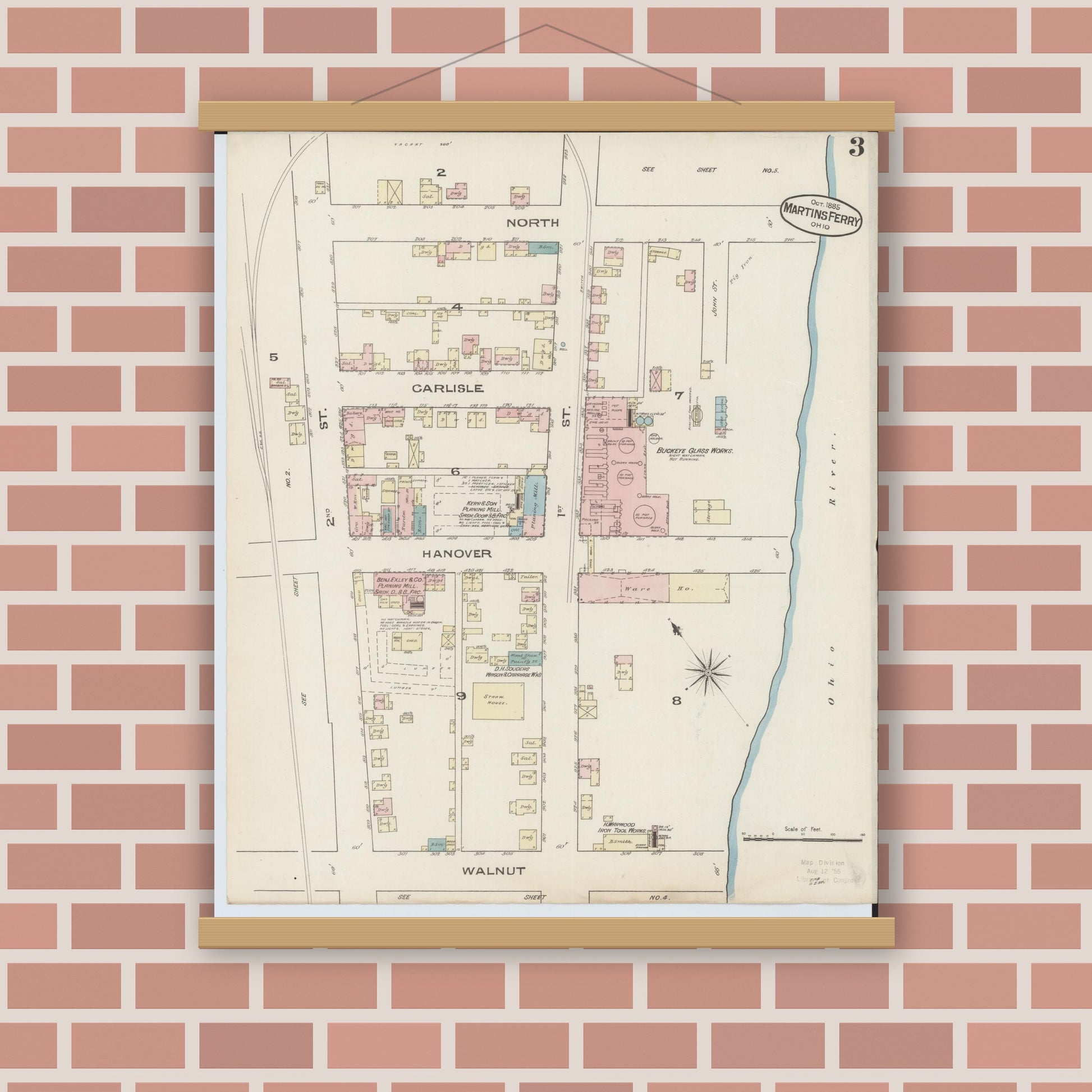 Old map wall art mockup — magnetic wood frame on brick wall — Sanborn Fire Insurance Map from Martins Ferry, Belmont County, Ohio (Unknown), Sheet #0003
