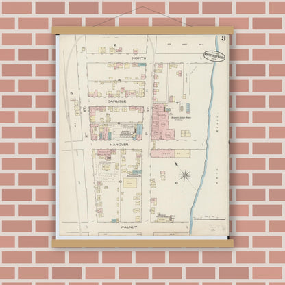 Old map wall art mockup — magnetic wood frame on brick wall — Sanborn Fire Insurance Map from Martins Ferry, Belmont County, Ohio (Unknown), Sheet #0003