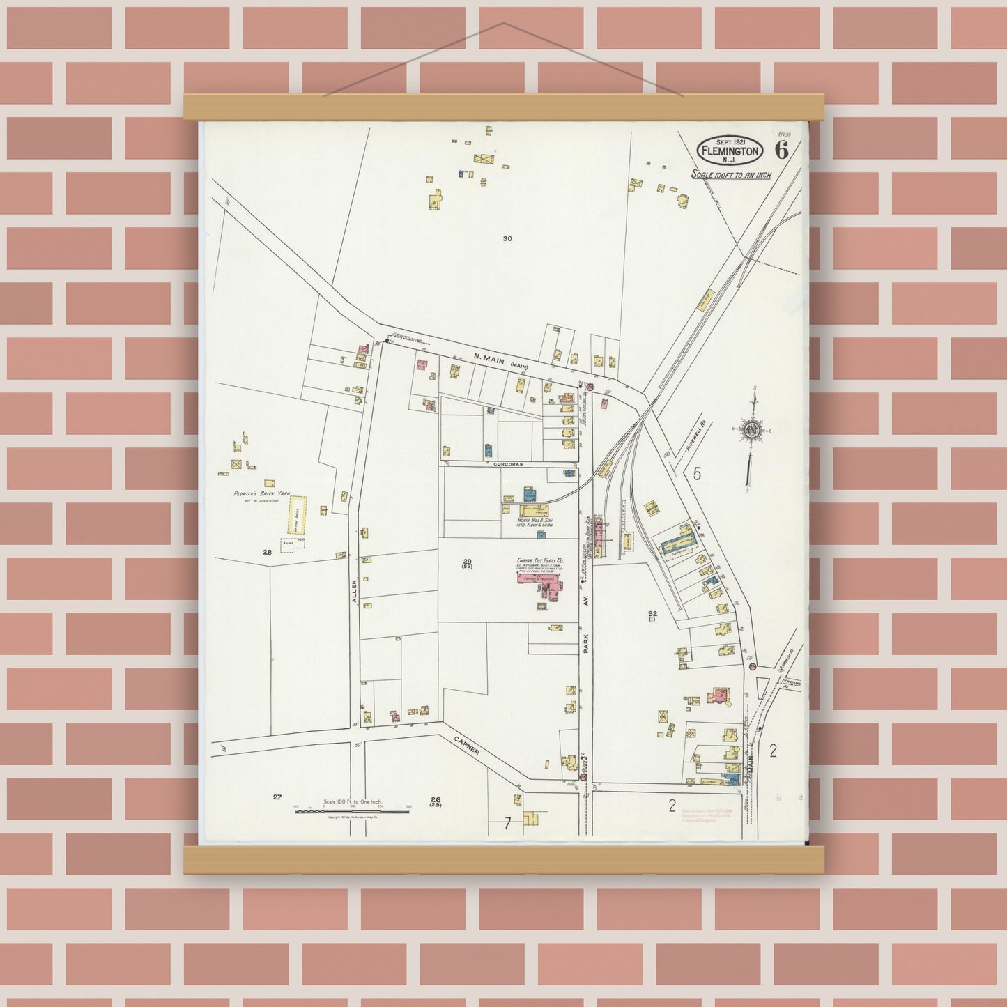 Old map wall art mockup — magnetic wood frame on brick wall — Sanborn Fire Insurance Map from Flemington, Hunterdon County, New Jersey (1921), Sheet #0006