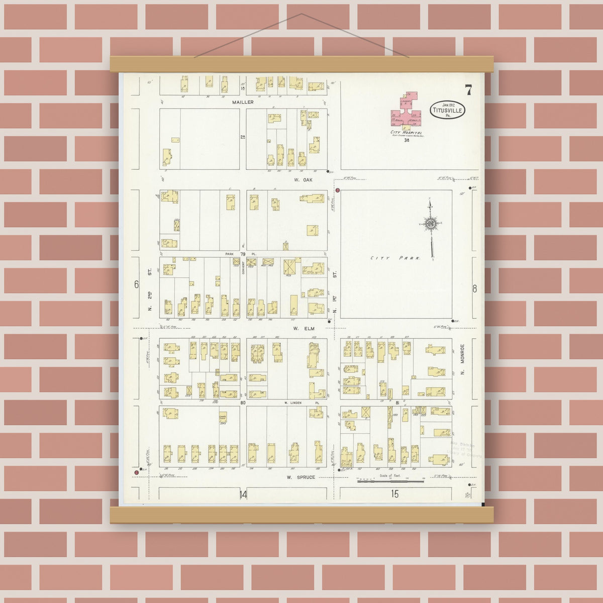 Old map wall art mockup — magnetic wood frame on brick wall — Sanborn Fire Insurance Map from Titusville, Crawford County, Pennsylvania (1912), Sheet #0007
