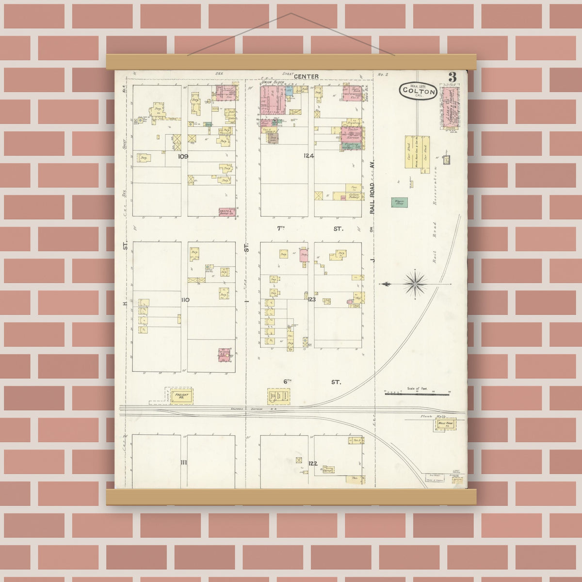 Old map wall art mockup — magnetic wood frame on brick wall — Sanborn Fire Insurance Map from Colton, San Bernardino County, California (1891), Sheet #0003