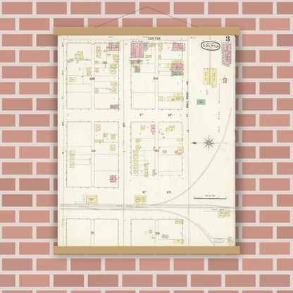 Old map wall art mockup — magnetic wood frame on brick wall — Sanborn Fire Insurance Map from Colton, San Bernardino County, California (1891), Sheet #0003