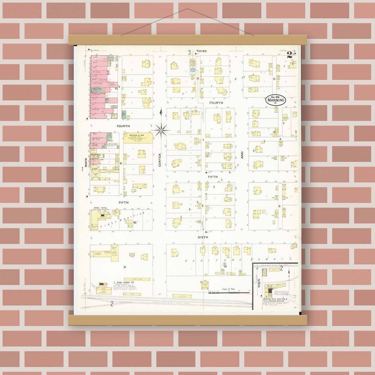 Old map wall art mockup — magnetic wood frame on brick wall — Sanborn Fire Insurance Map from Manning, Carroll County, Iowa (1908), Sheet #0002