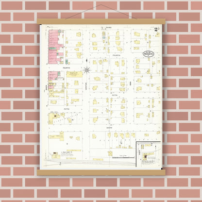 Old map wall art mockup — magnetic wood frame on brick wall — Sanborn Fire Insurance Map from Manning, Carroll County, Iowa (1908), Sheet #0002